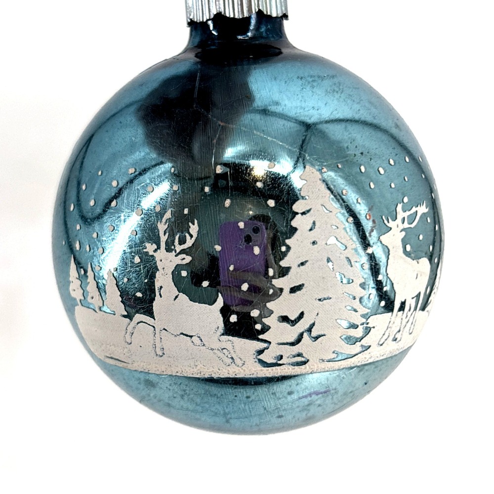 Vintage SHINY BRITE Christmas Ornament Winter‎ Wonderland Deer Trees RARE COLOR
